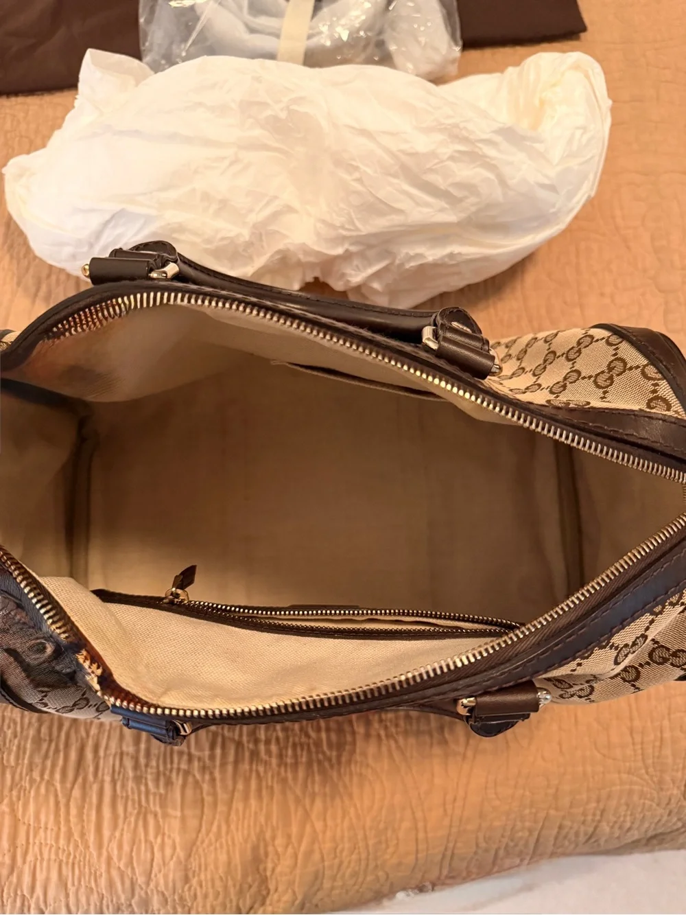 Gucci Brown GG Canvas Boston Tote with Green and Red Web